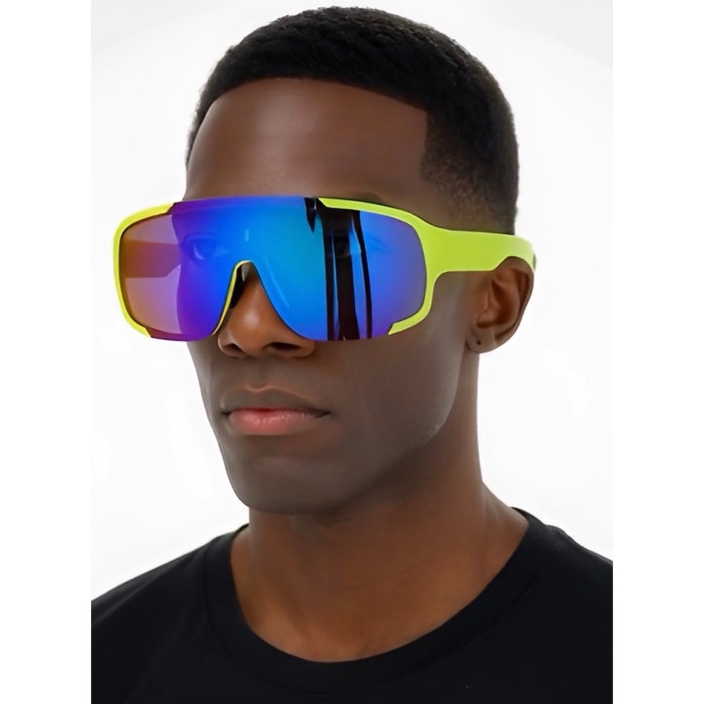 Shield Sunglasses Sport Cycling Running Glasses Mirrored Lens Yellow Frame Gafas